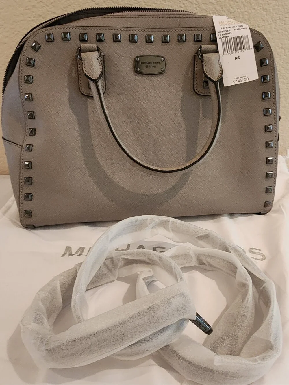 Michael Kors Sandrine Studded Saffiano Leather Large Satchel - Pearl Grey